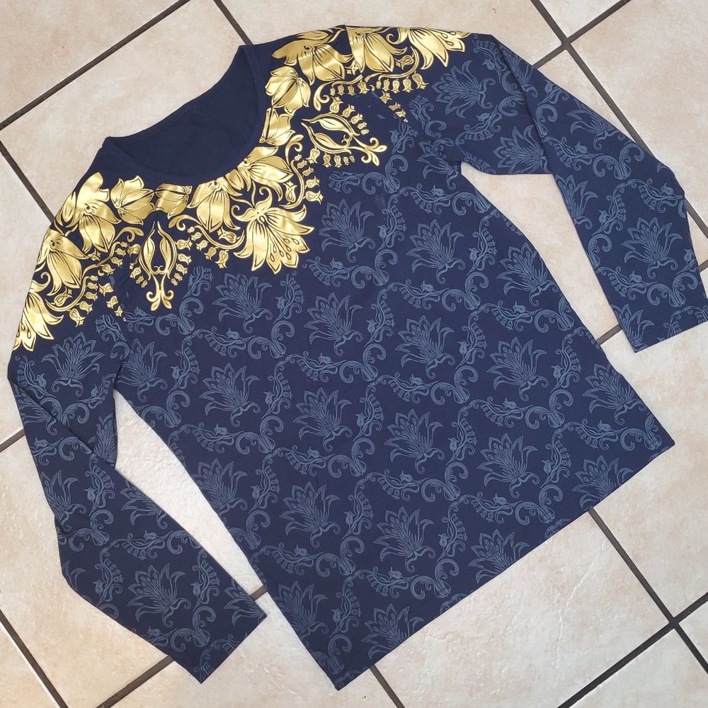 Hip Hop Fleur De Lis Blue Gold Pattern Night Club Long Sleeve Tee T Shirt